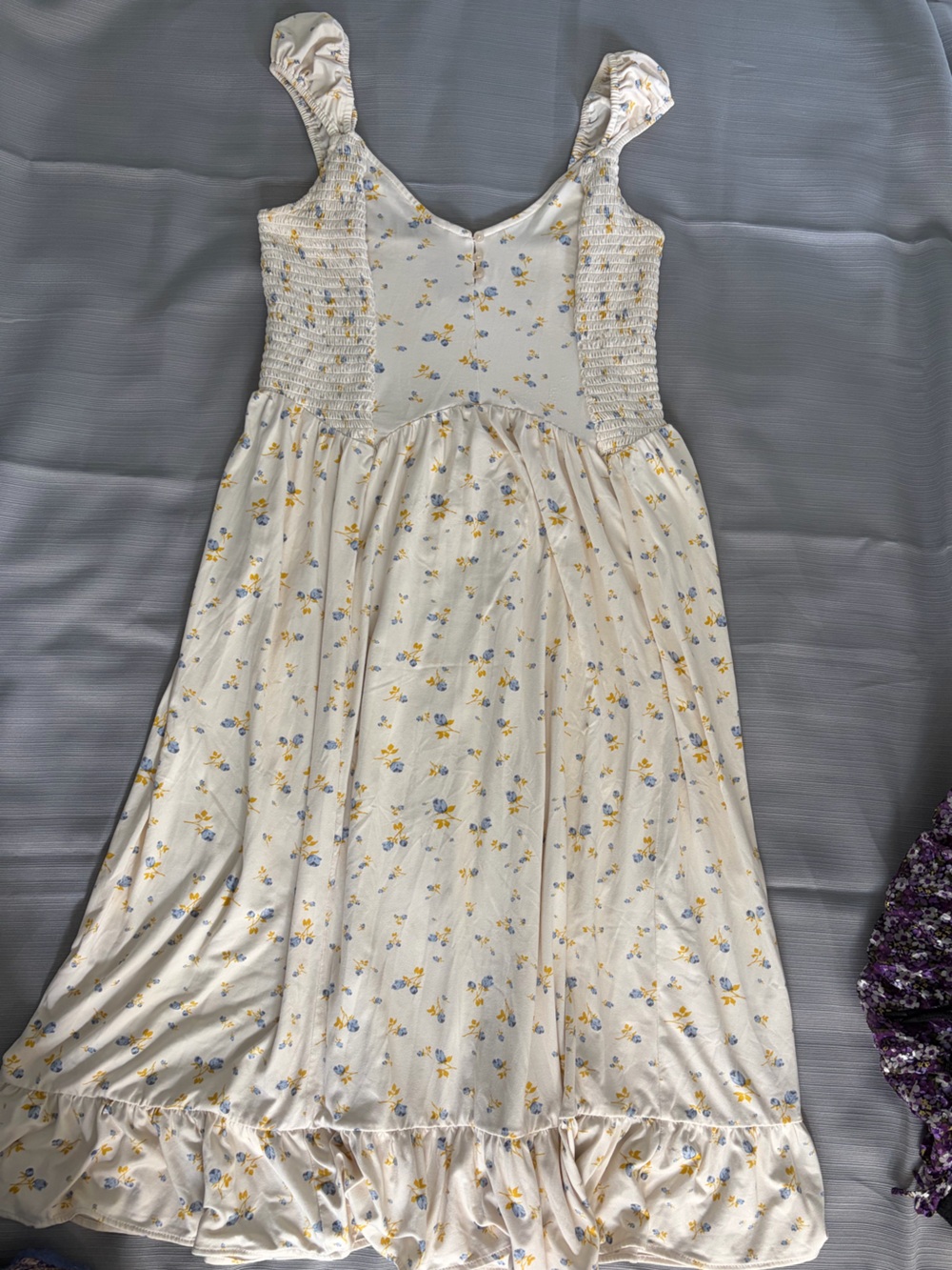 Urban Outfitters Cream Floral Smocked Chemise with Yellow & Blue Print